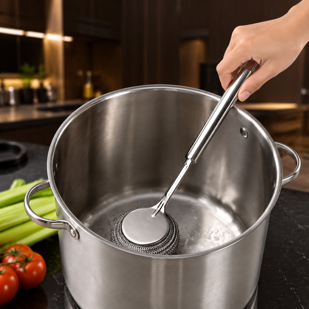 Extended Handle Stainless Steel Kitchen Pot Cleaning Brush
