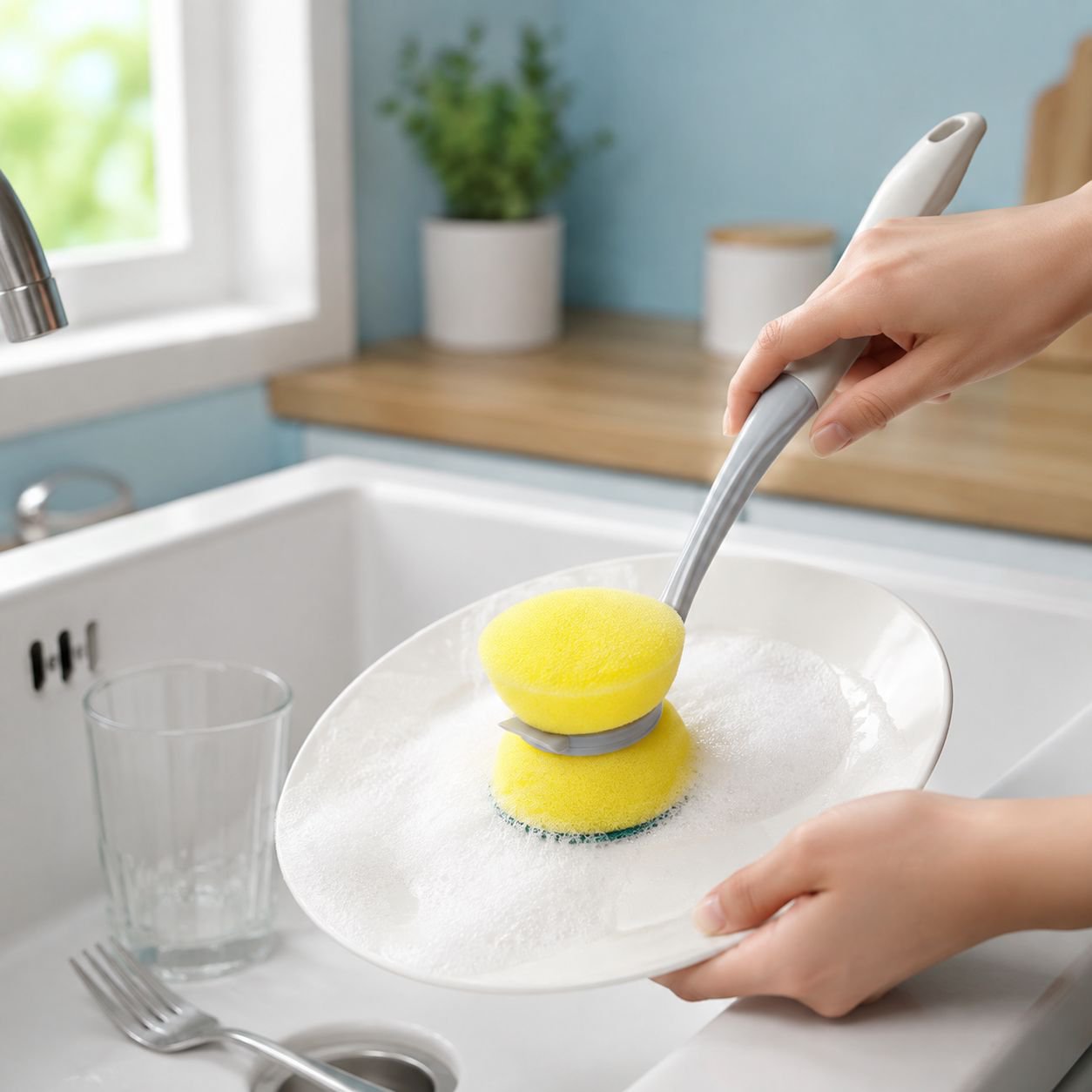 Easy grip long handle dish cleaning tool in use