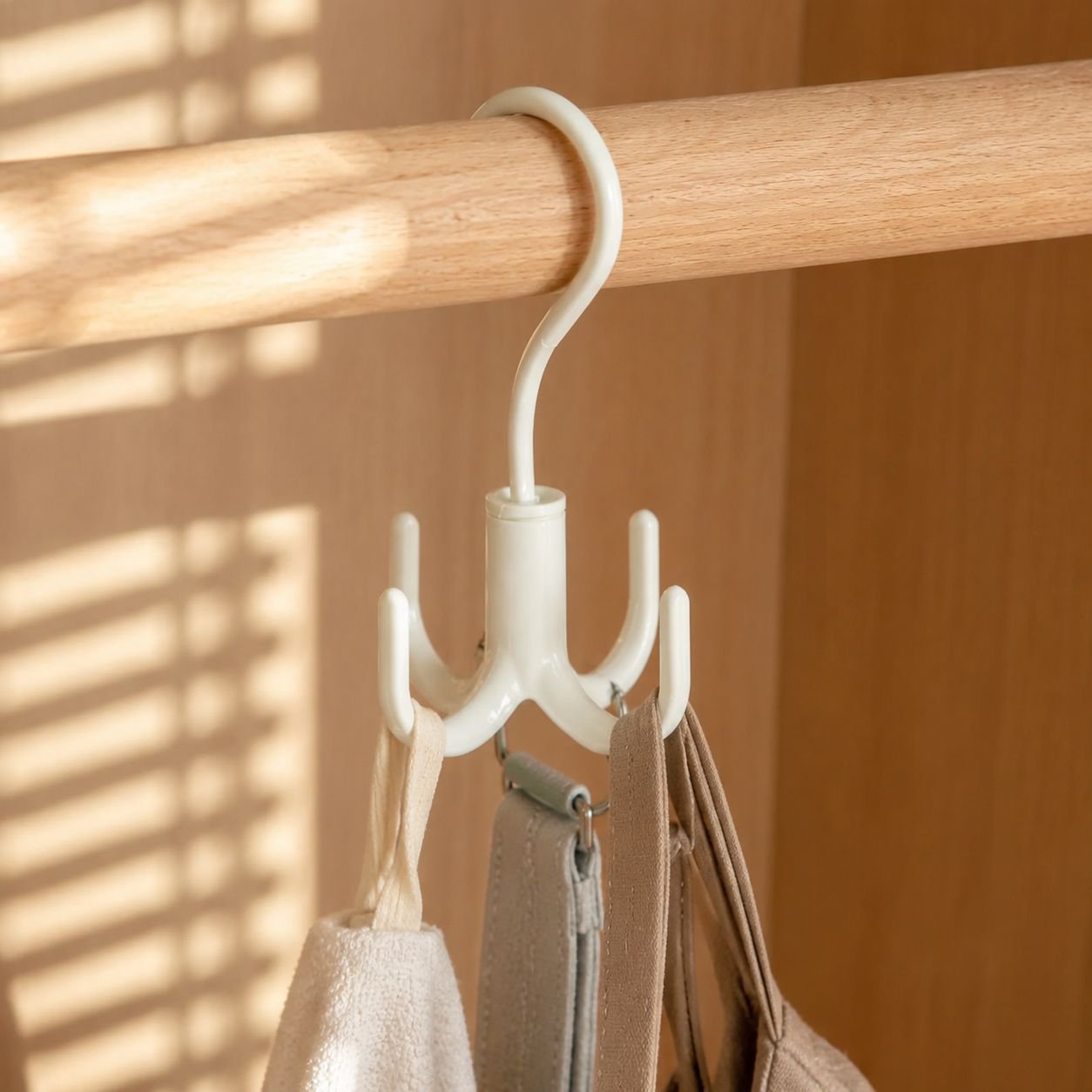 Space-saving rotating hook in bathroom