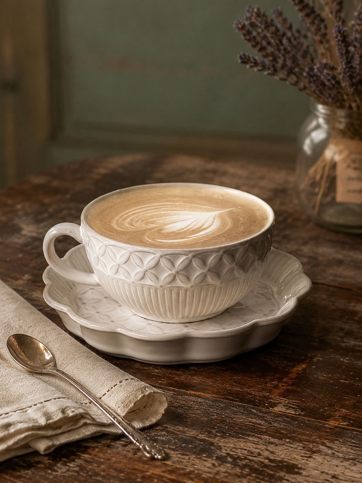 Elegant embossed coffee cup with matching saucer