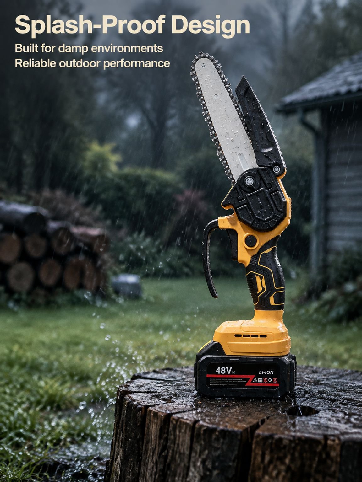 Electric chainsaw cutting tree branches efficiently