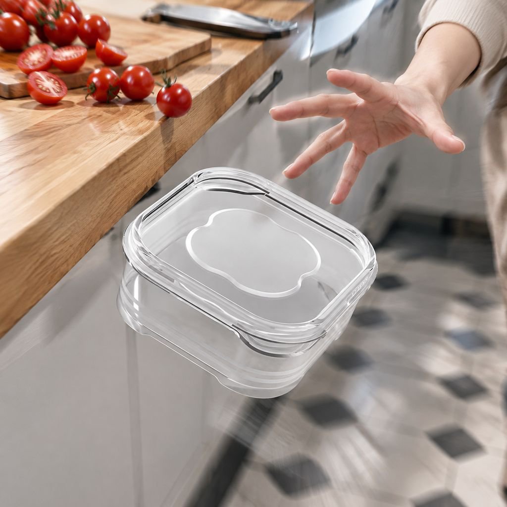 Transparent food storage container holding fresh produce