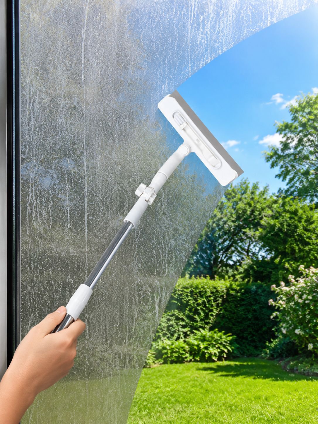 Three-color dual-omnidirectional glass cleaner in use on a window