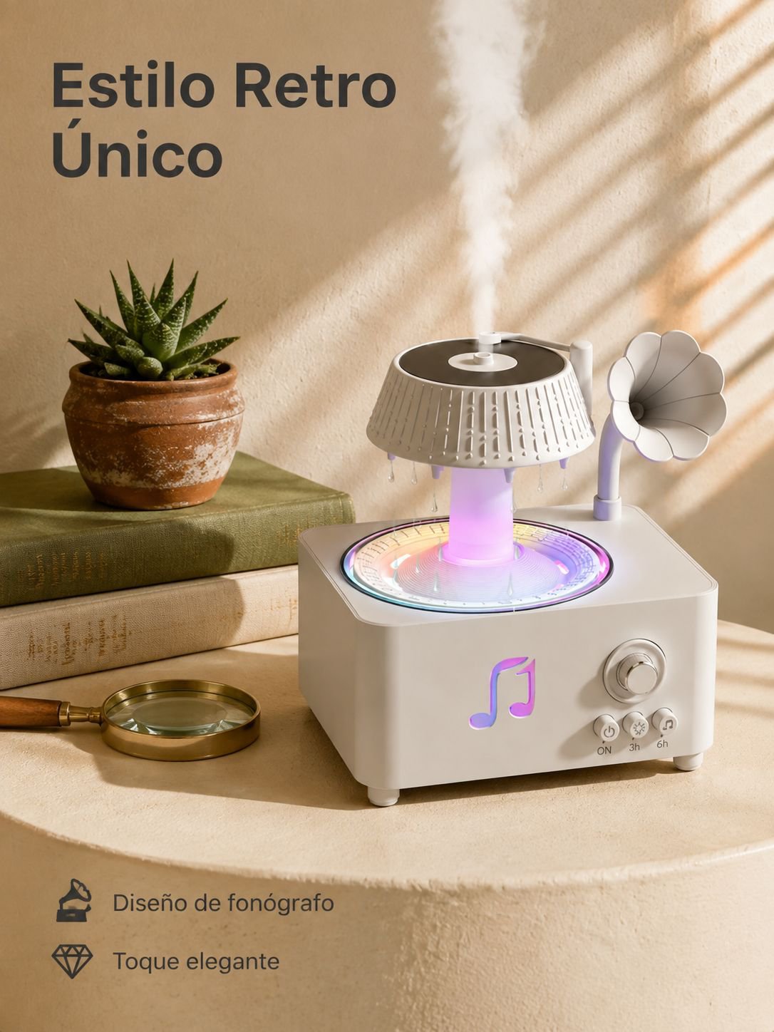 Difusor humidificador retro tipo fonógrafo con control remoto y luz de siete colores para el hogar