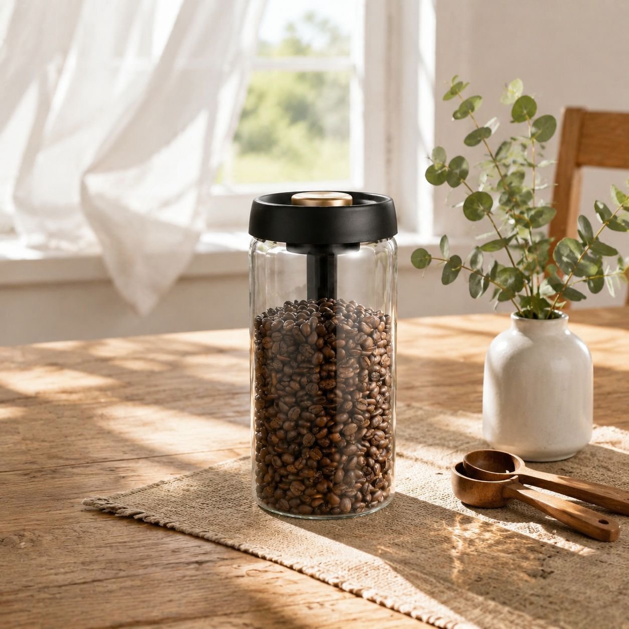 Vacuum sealed glass jar filled with coffee beans