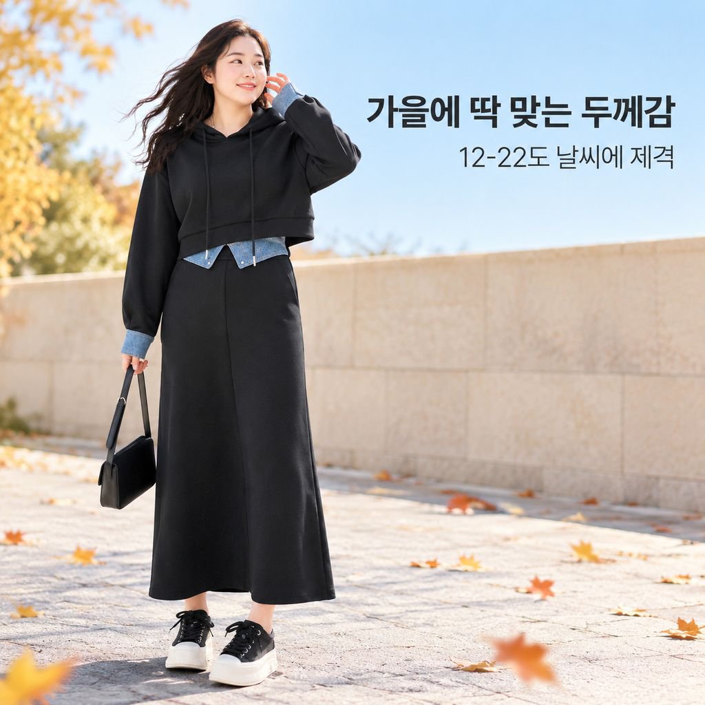 빅사이즈 여성 가을 후드 세트패션 트렌디한 날씬해 보이는 미디스커트 투피스