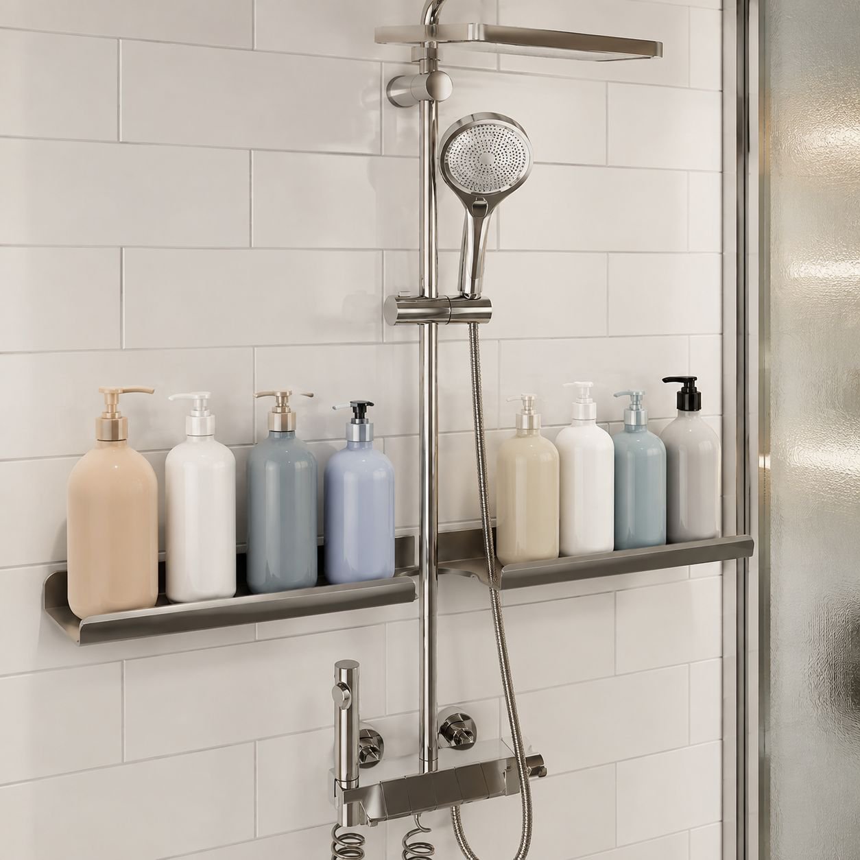 Estante de baño montado en la pared para gel de ducha y champú