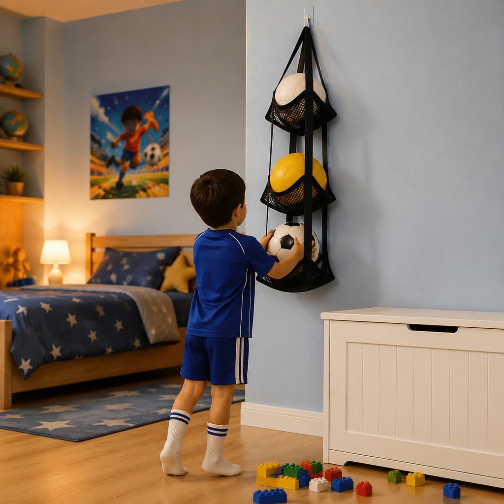 Multi-layer mesh ball storage hanging bag wall-mounted basketball and soccer ball shelf