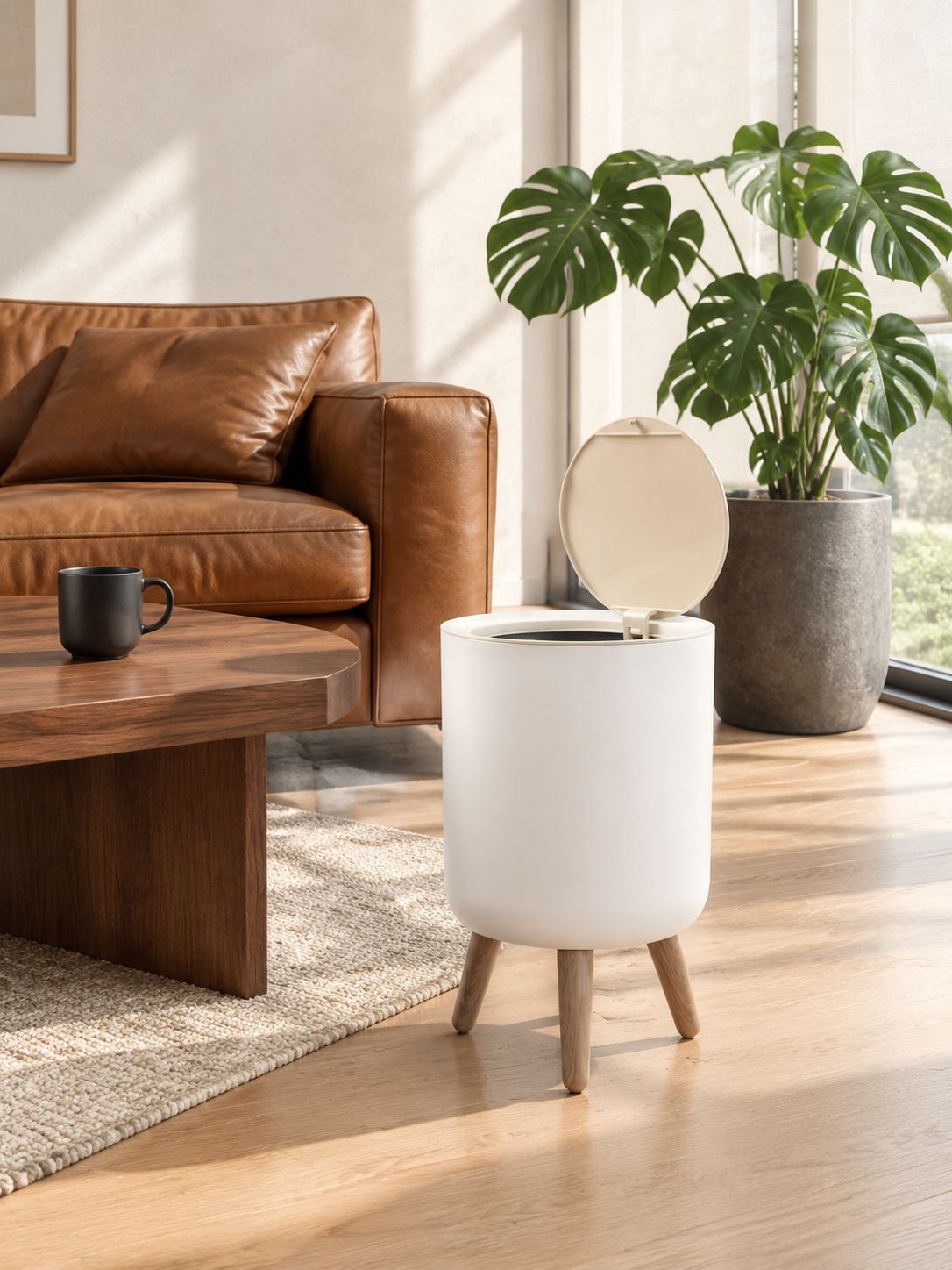 Benutzerfreundliche Mülltonne aus Holz im modernen Look