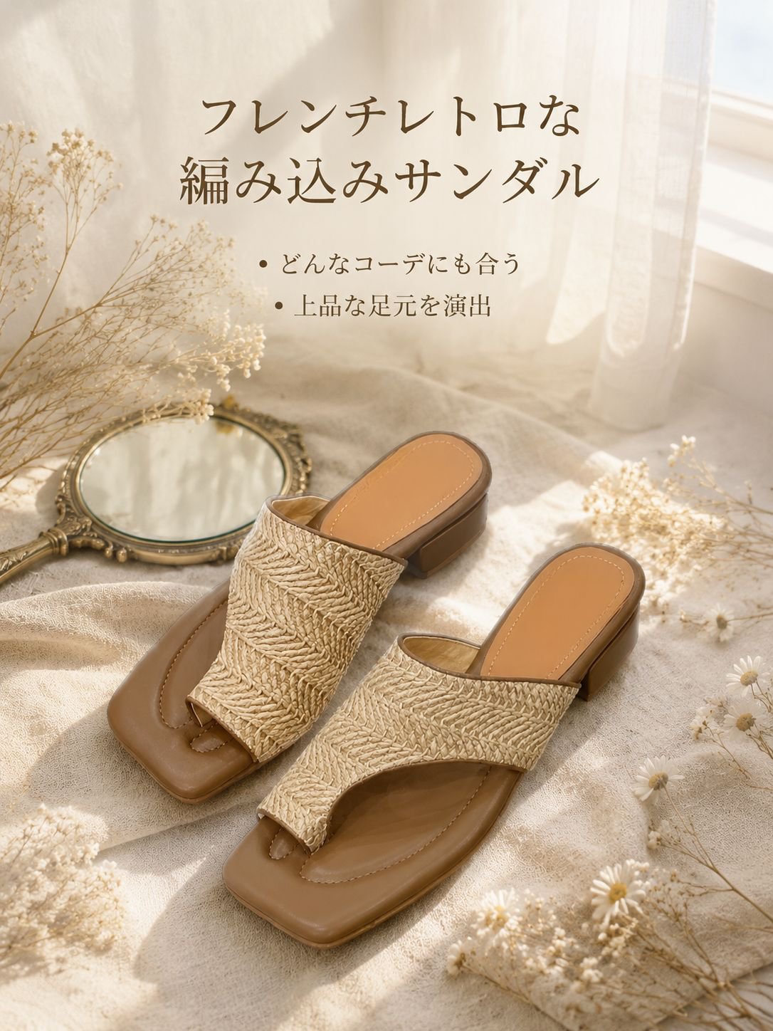 レディース フレンチレトロスタイルサンダル、新作サマー編み込みチャンキーヒール、万能ビーチサンダル