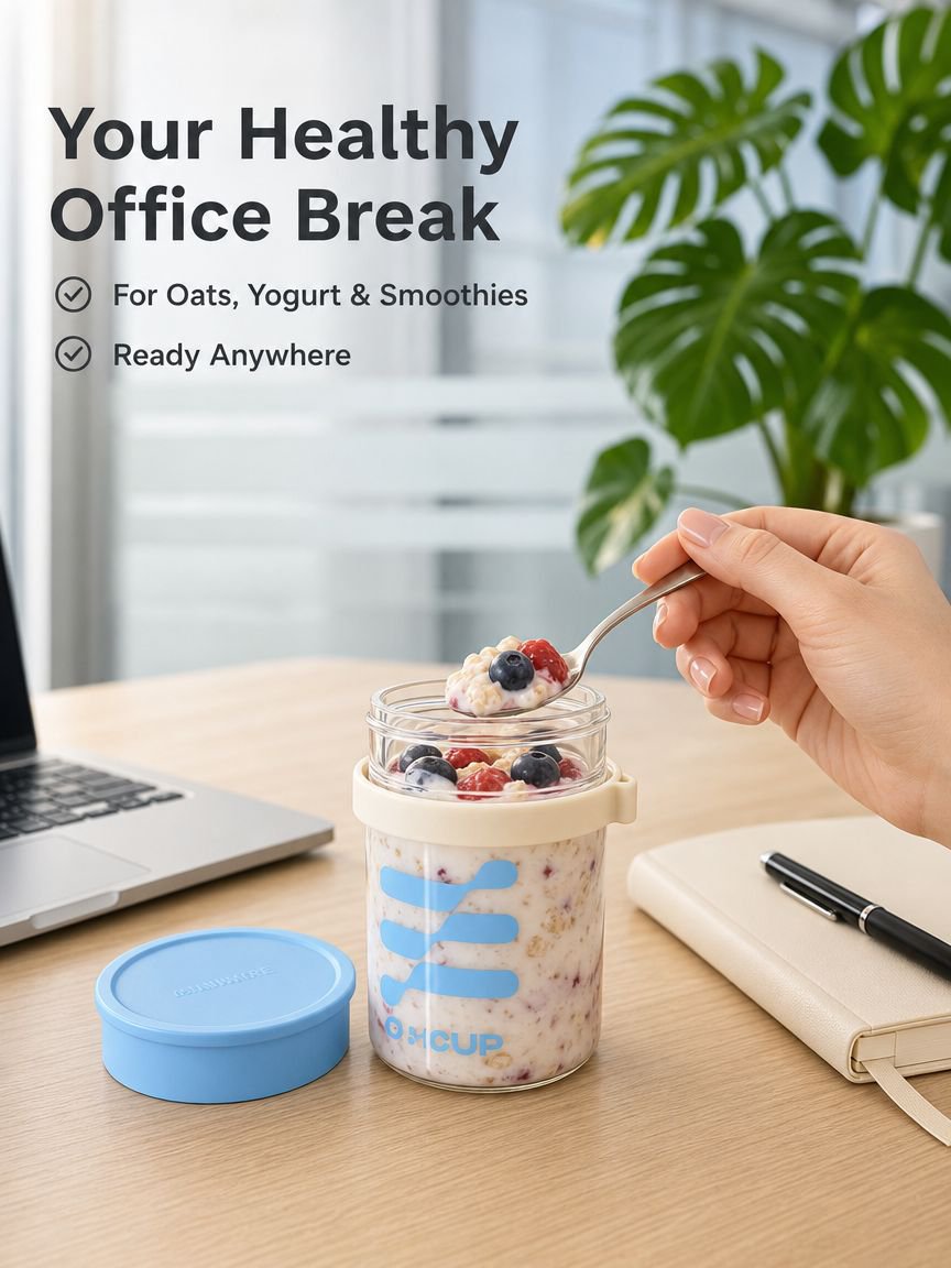 Breakfast cup, oatmeal cup, airtight glass jar with lid and spoon, portable milkshake, yogurt, grano