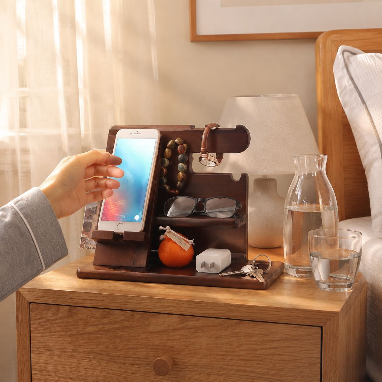Key and watch storage tray with phone stand