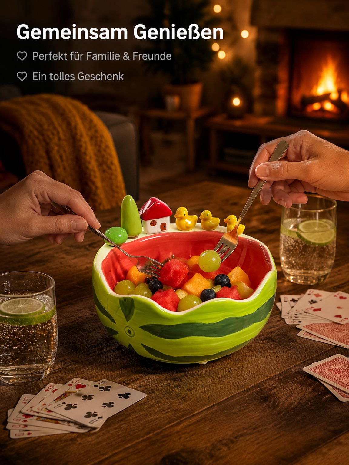 Süßes Keramik-Frucht-Schalen-Set mit Wassermelonenmuster und Edelstahl-Fruchtgabeln