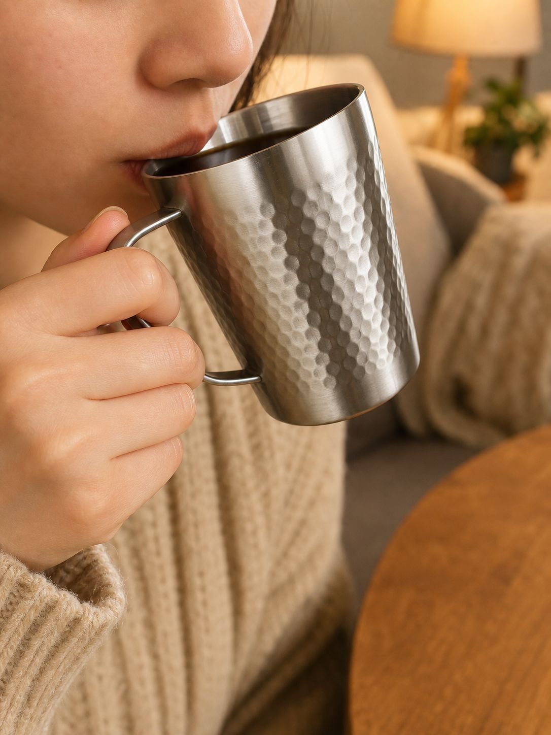 304 hammered stainless steel double-wall mug with handle