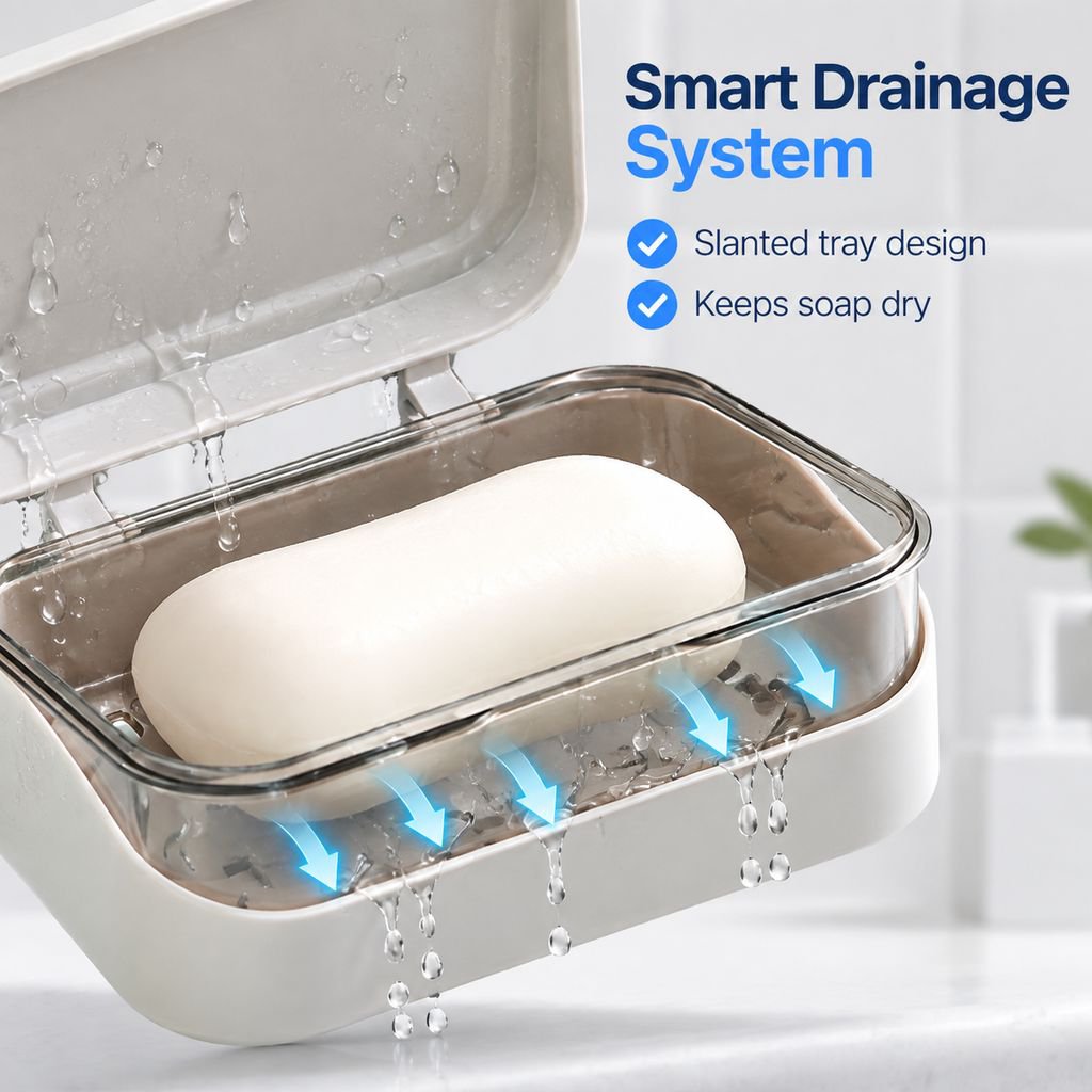 Compact flip soap holder with clean and dry soap storage