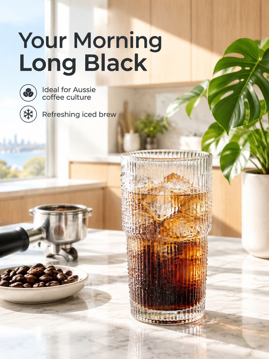 Minimalist clear glass coffee cup with vertical stripe design