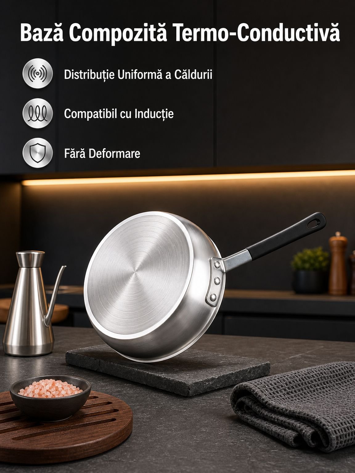 Tigaie cu fund plat din oțel inoxidabil pentru uz casnic