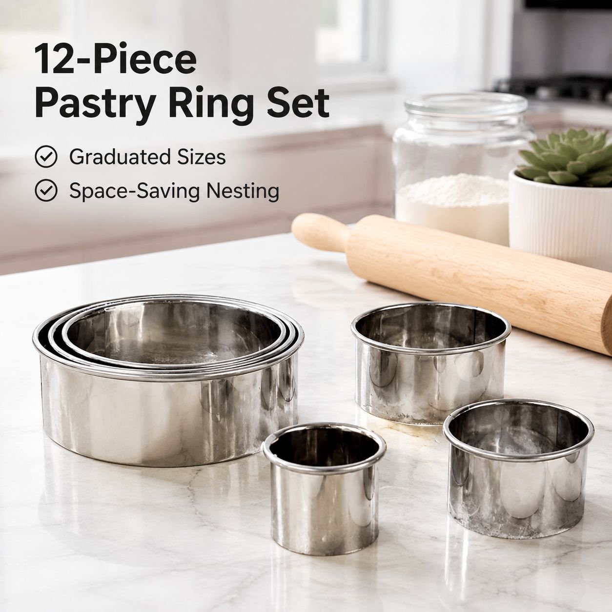 12-Piece Round Stainless Steel Cookie Cutter and Mousse Ring Cake Mold Set