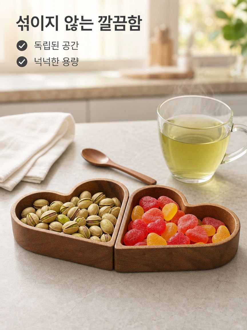 하트 모양의 원목 건과일 및 사탕 상자