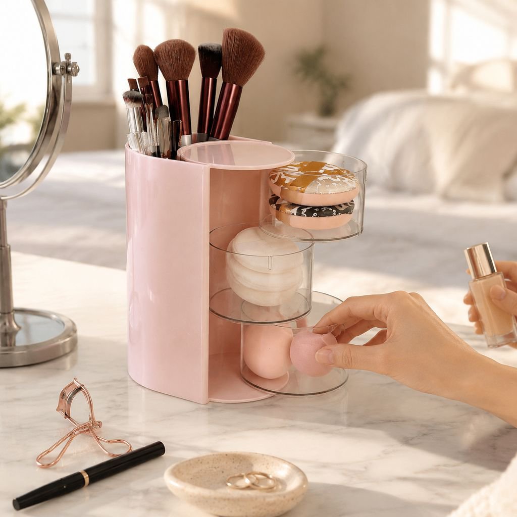 Vanity Desktop Rotating Makeup Brush Storage Box on dressing table