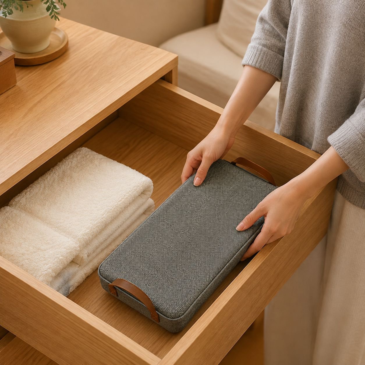 持ち手付きで持ち運びしやすい収納バスケット