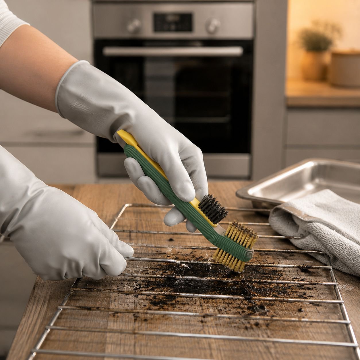 Easy-to-hold handle on stove cleaning brush