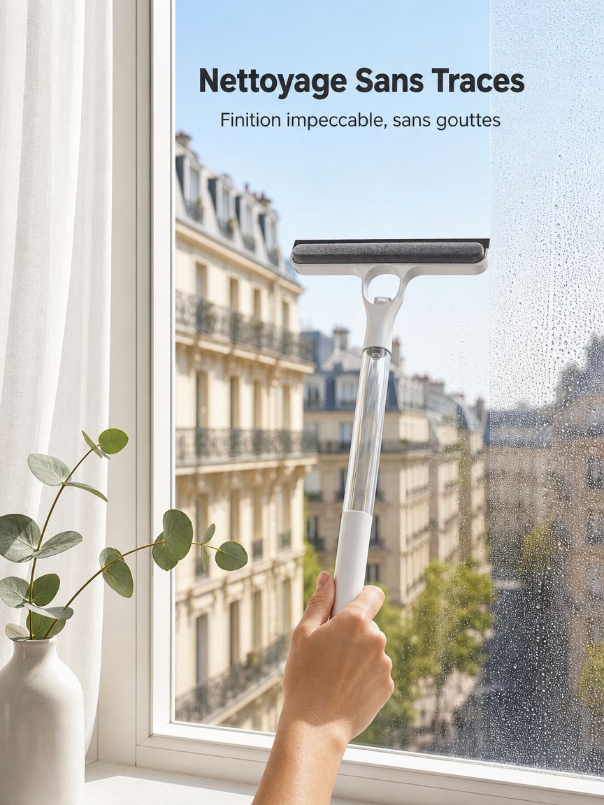 Nettoyeur de vitres double face avec pulvérisateur et raclette allongée