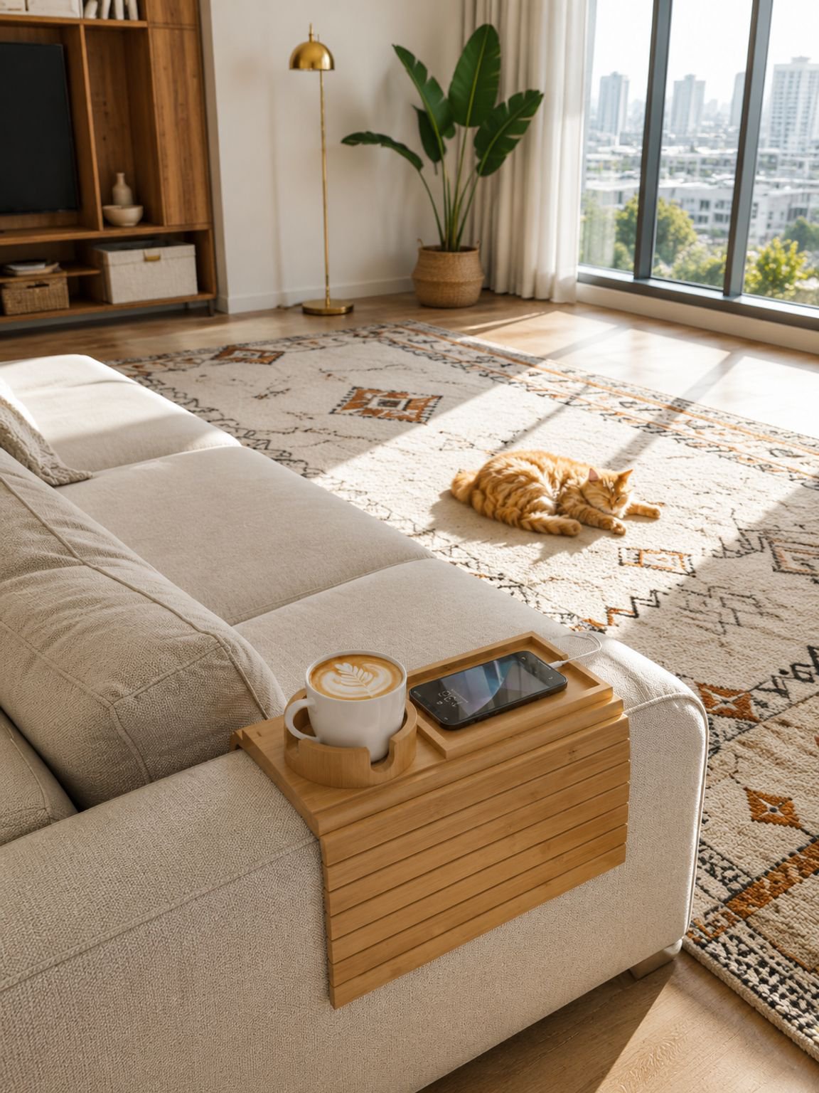 Plateau canapé multifonction pour poser tasse, téléphone et télécommande