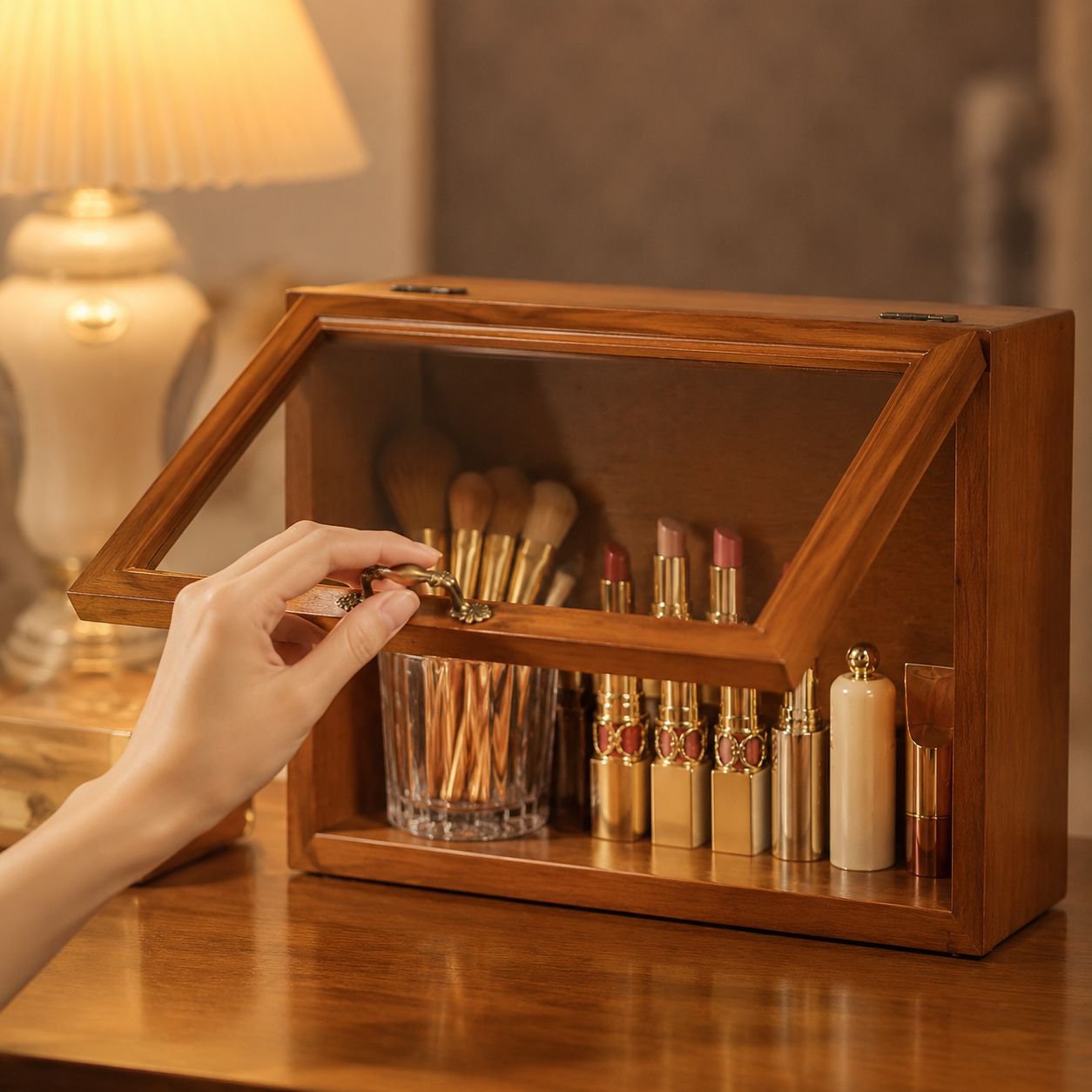 Dustproof Glass Door Two-tier Retro Wooden Cosmetics Storage Display Box