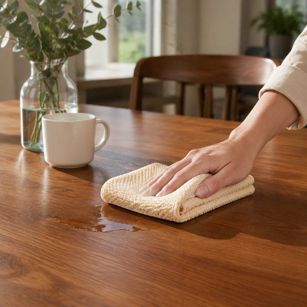 Microfiber towel easily removing stains from countertop