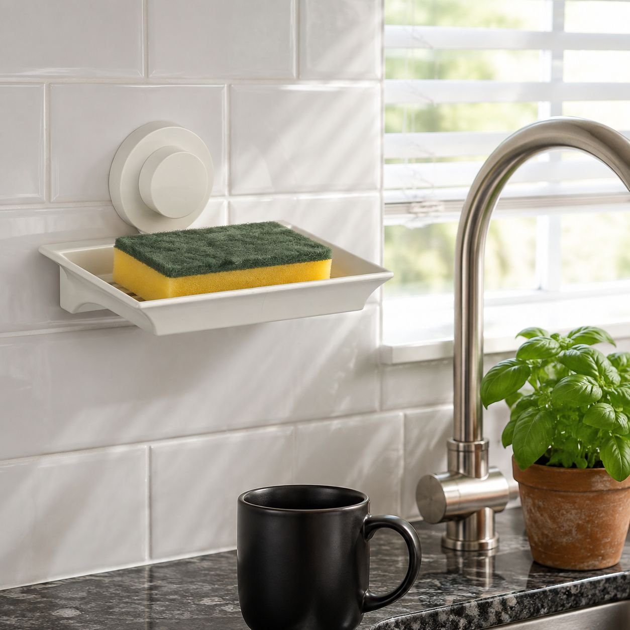 Damage-free soap tray attached to tiled wall