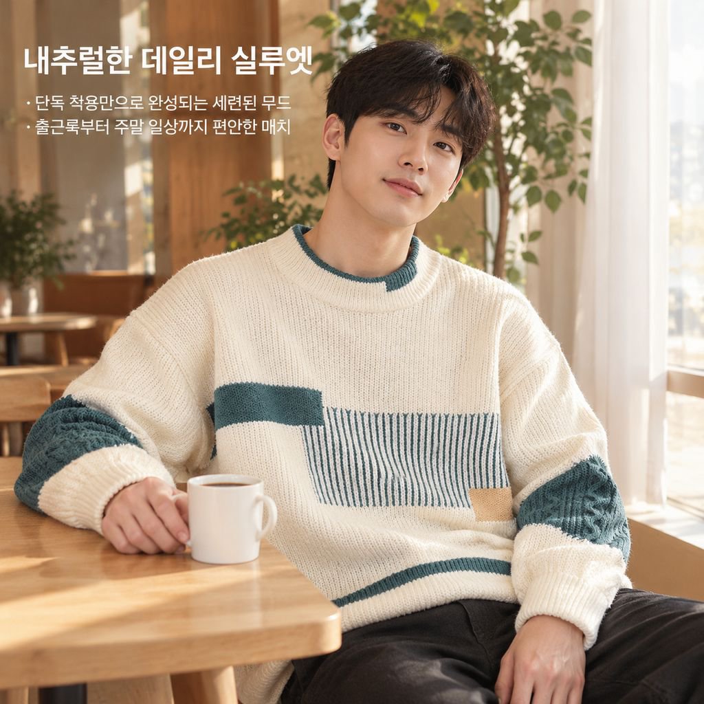 남성 겨울 하프넥 반폴라 배색 니트 스웨터 루즈핏 이너웨어