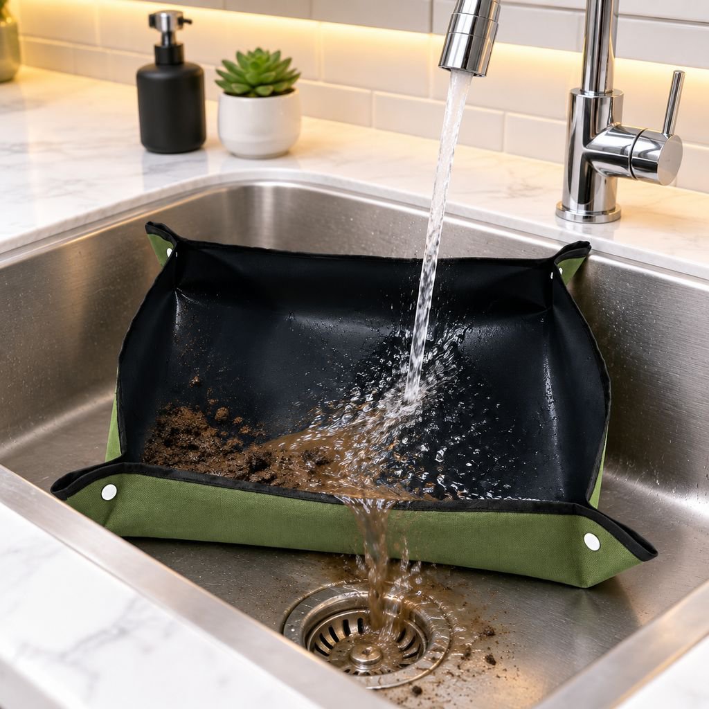 Portable plant repotting mat with snap corners