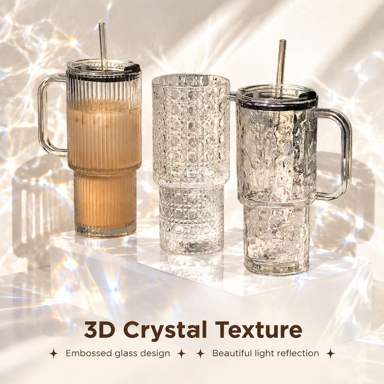 Large Glass Cup with Straw and Handle