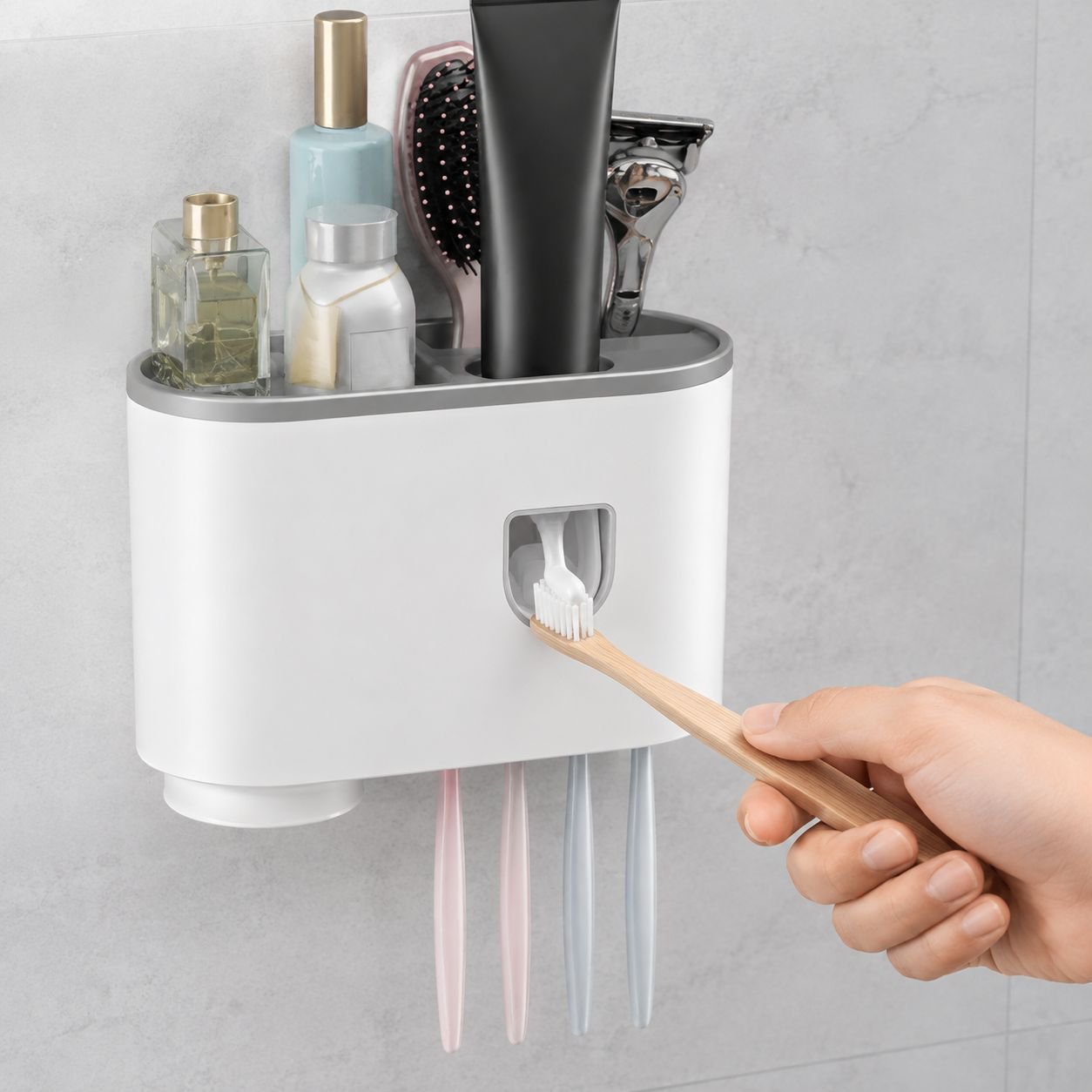 Wall-mounted Toothpaste Squeezer with Magnetic Mouthwash Cup Storage Rack