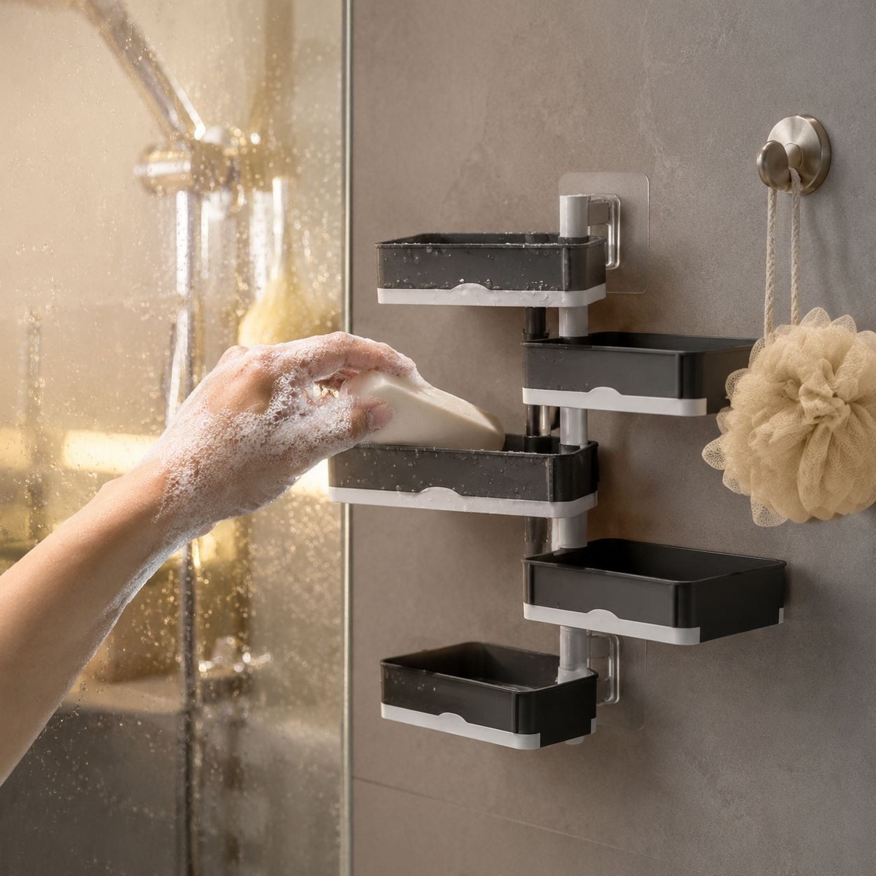 Jabonera giratoria multicapa para baño/aseo, instalación sin taladro