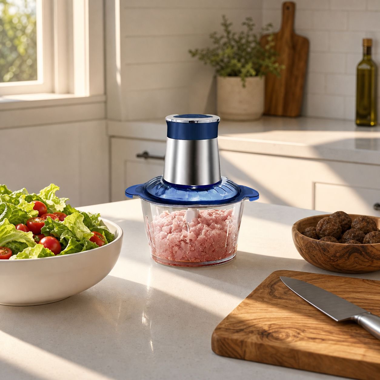 Mini electric food processor with transparent bowl design