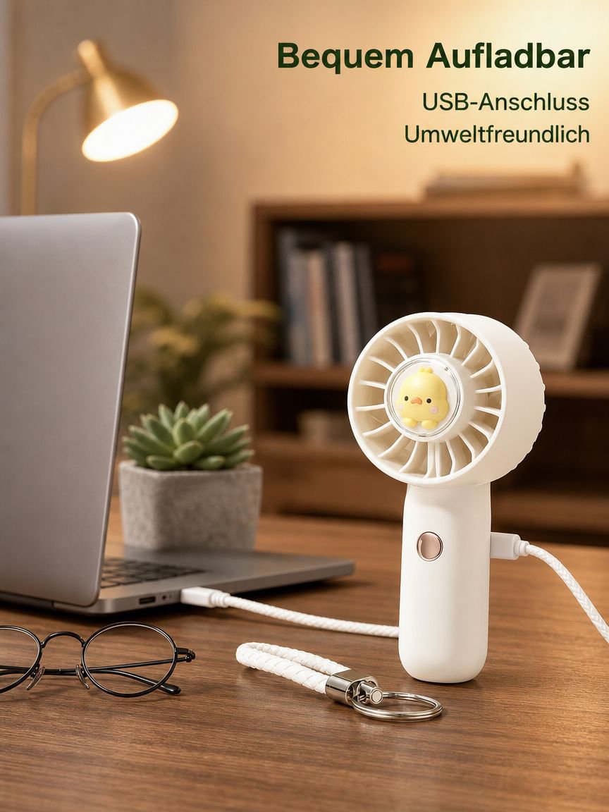 Tragbarer Mini-Handventilator mit gelber Ente, leise, USB-aufladbar