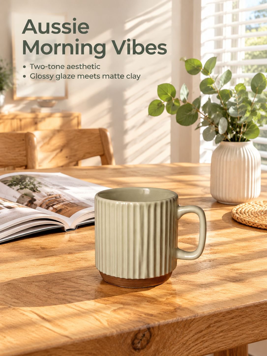 Retro Beige Vertical Stripe Stacking Mug with a creative ceramic design