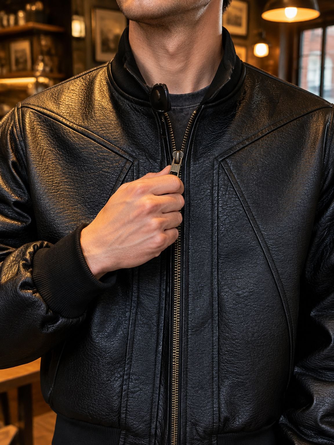 Back view of men's high-end cool leather baseball jacket