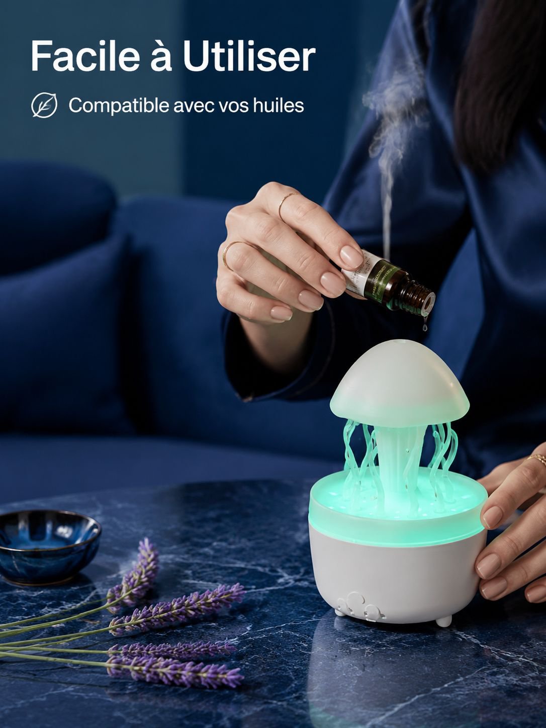 Diffuseur d’huiles essentielles en forme de méduse tournante avec gouttes de pluie