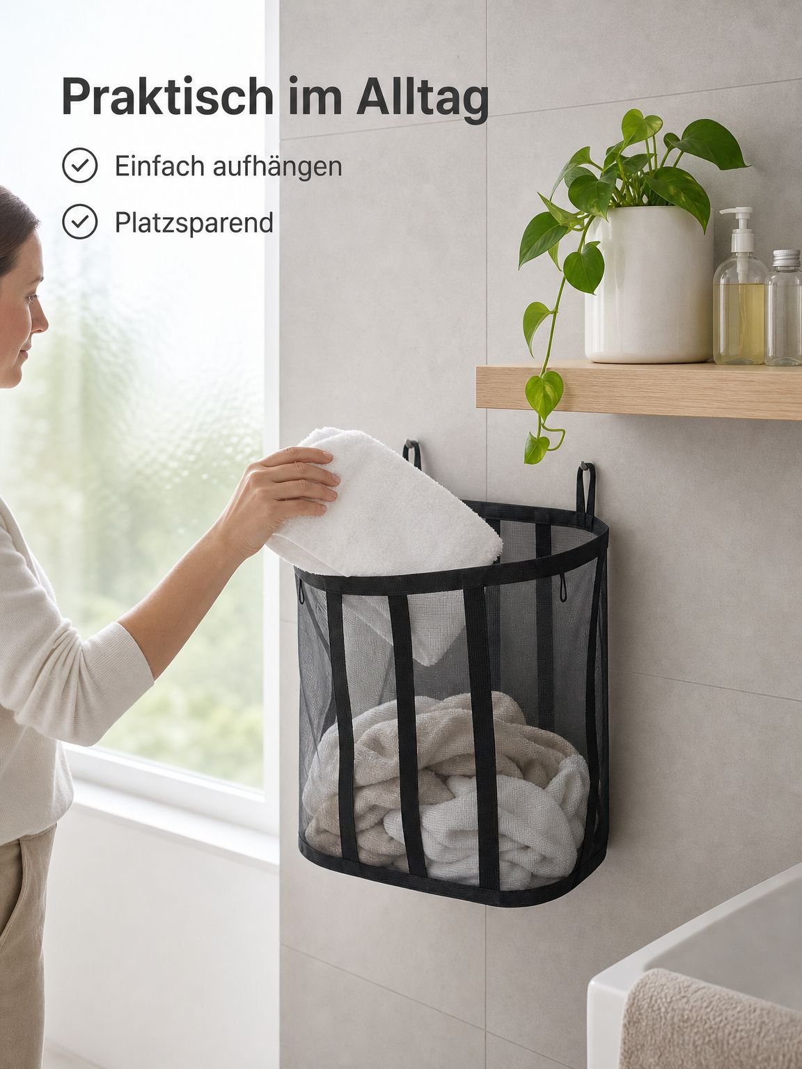 Großer Wäschekorb aus Netzstoff, faltbar und tragbar, zum Aufhängen im Badezimmer