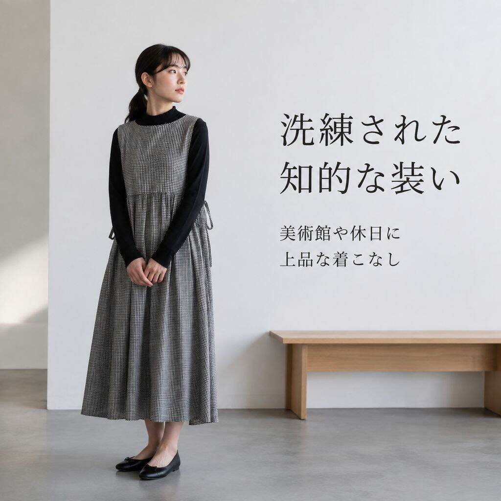 文芸風綿麻チェックワンピース