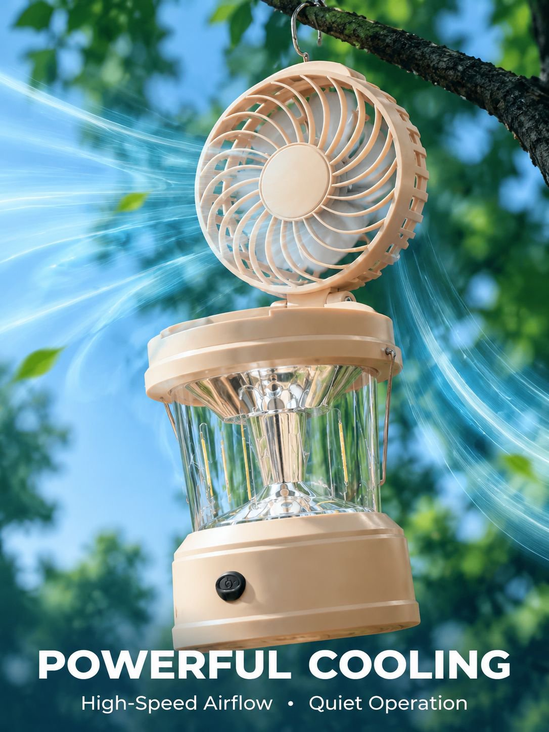 Rechargeable folding tent fan and light combination on a picnic table