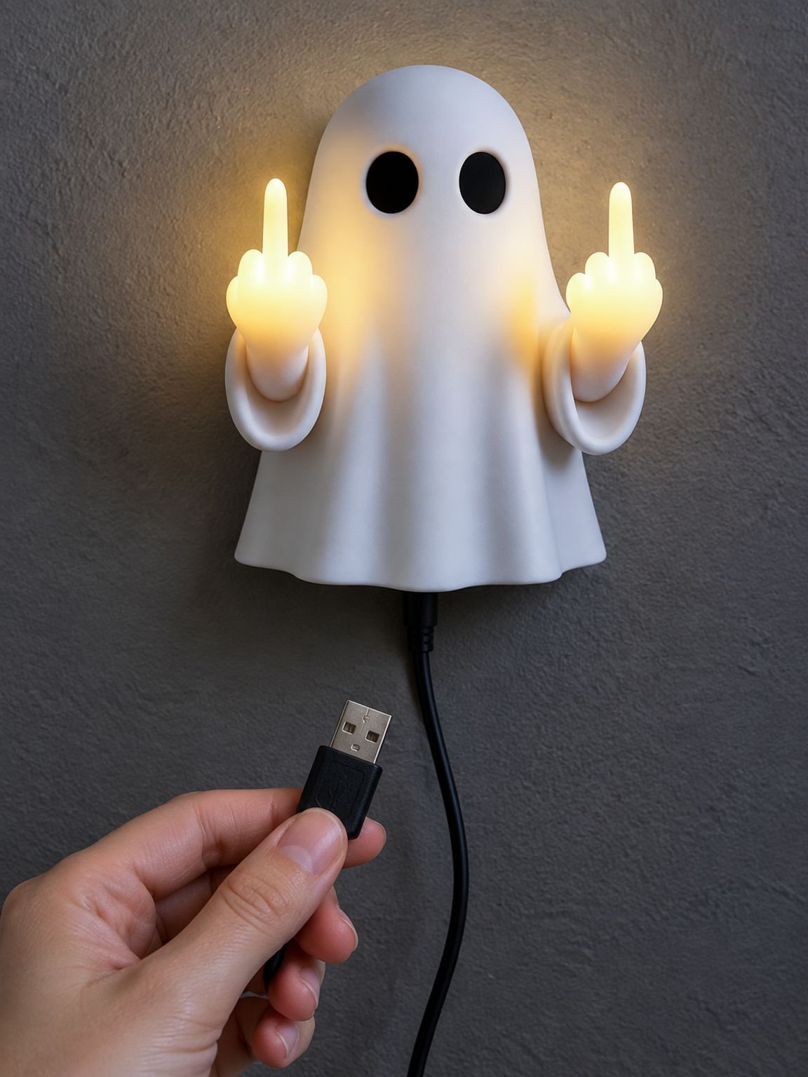 LED ghost wall light with rude hand sign for Halloween