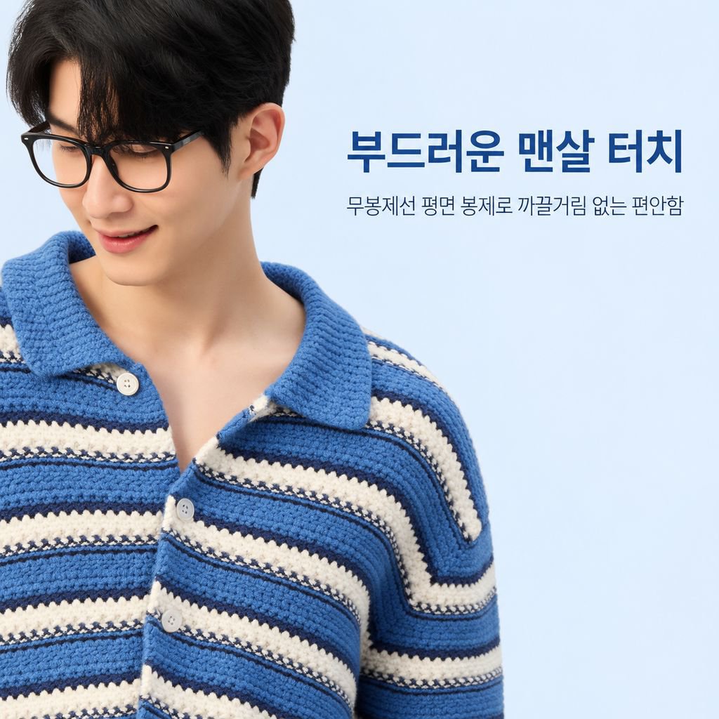 남성용 블루 앤 화이트 줄무늬 카라 니트 가디건 가을 시즌 너플한 멋이 있는 스웨터 상의