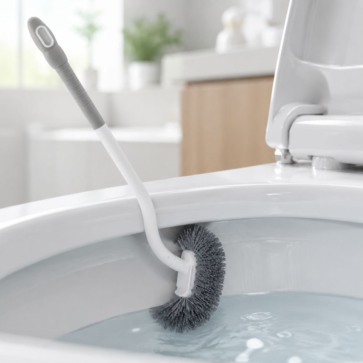 日本式トイレブラシで隅々掃除する様子
