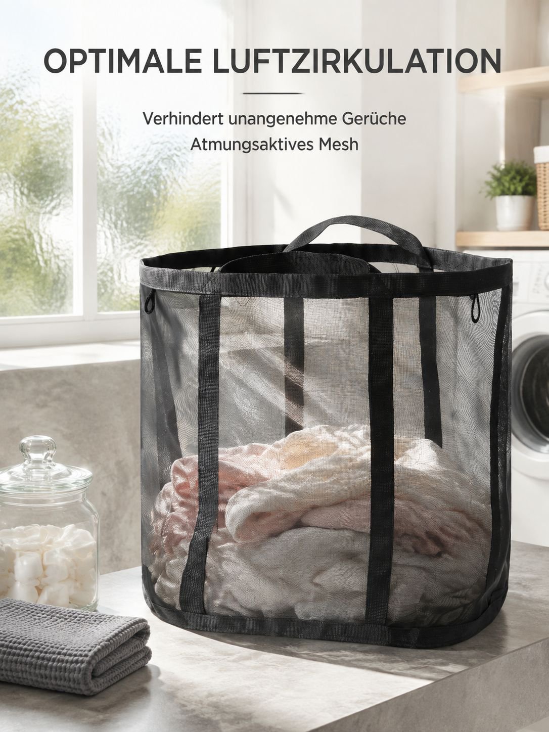 Großer Wäschekorb aus Netzstoff, faltbar und tragbar, zum Aufhängen im Badezimmer