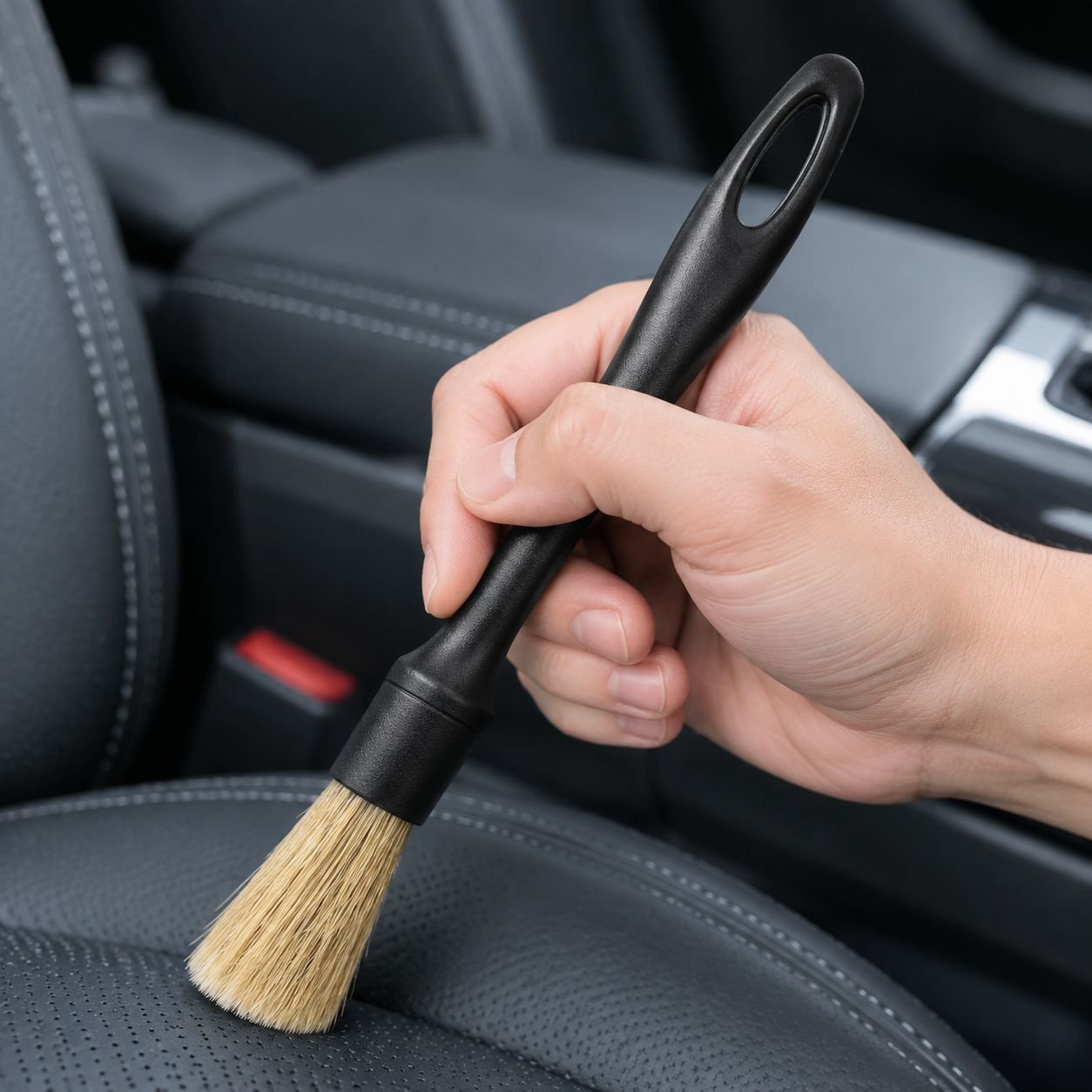 Close-up of soft bristle detailing brush for car interior cleaning