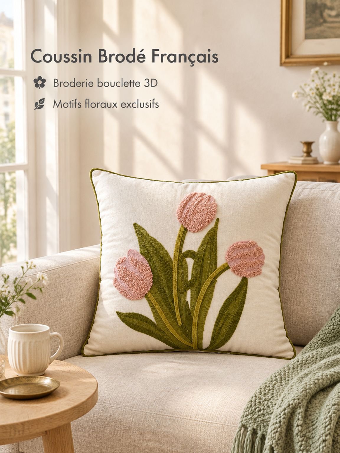taie d'oreiller brodée de fleurs